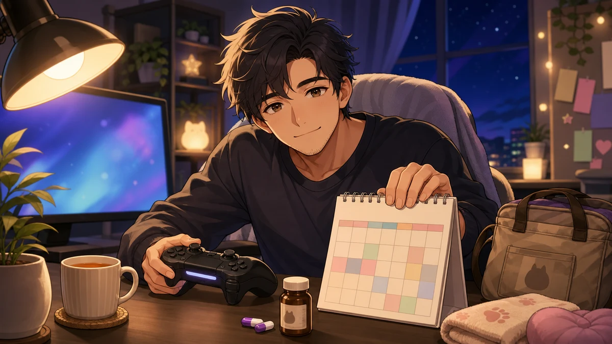 夜の配信デスクでカレンダーと小さな回復アイテムを置き、次回予定を確認する男性キャラクターのイメージ