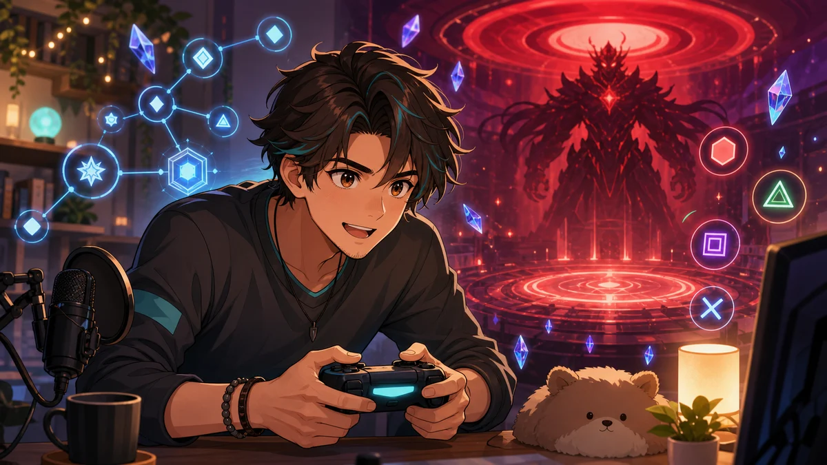 近未来の配信机でコントローラーを握り、青い抽象UIを前に身構える男性キャラクターのイメージ