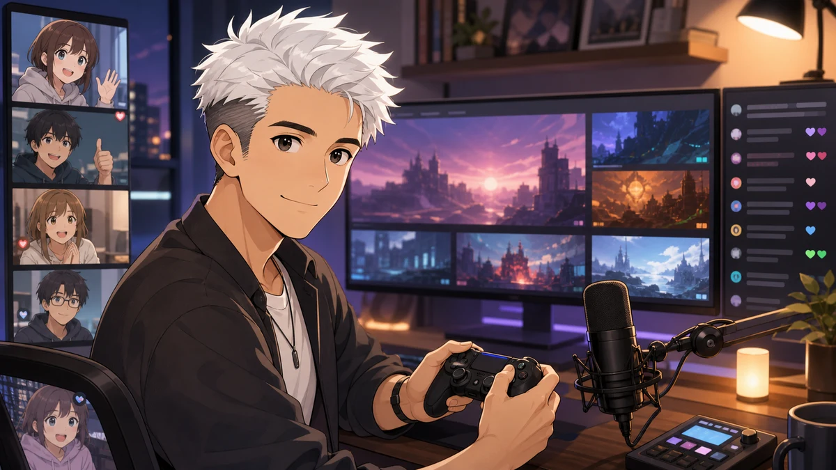 横長の配信画面でゲームを始める白髪の男性キャラクターのイメージ