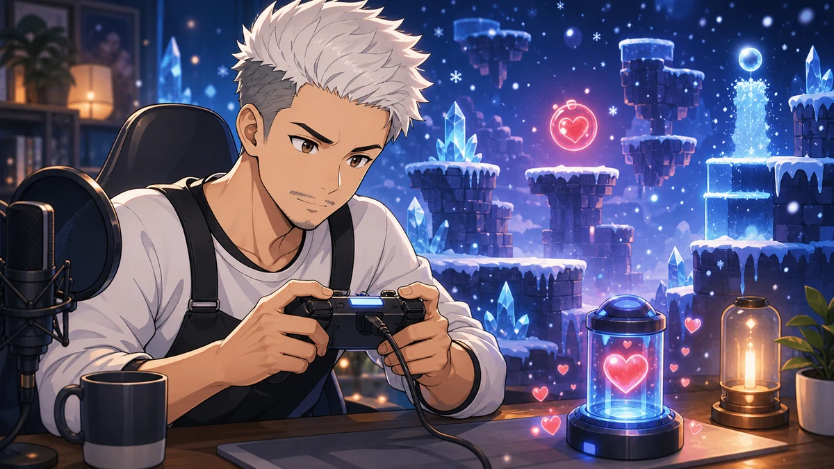 氷の足場で攻撃を避けながら回復アイテムを探すゲーム配信風イラスト