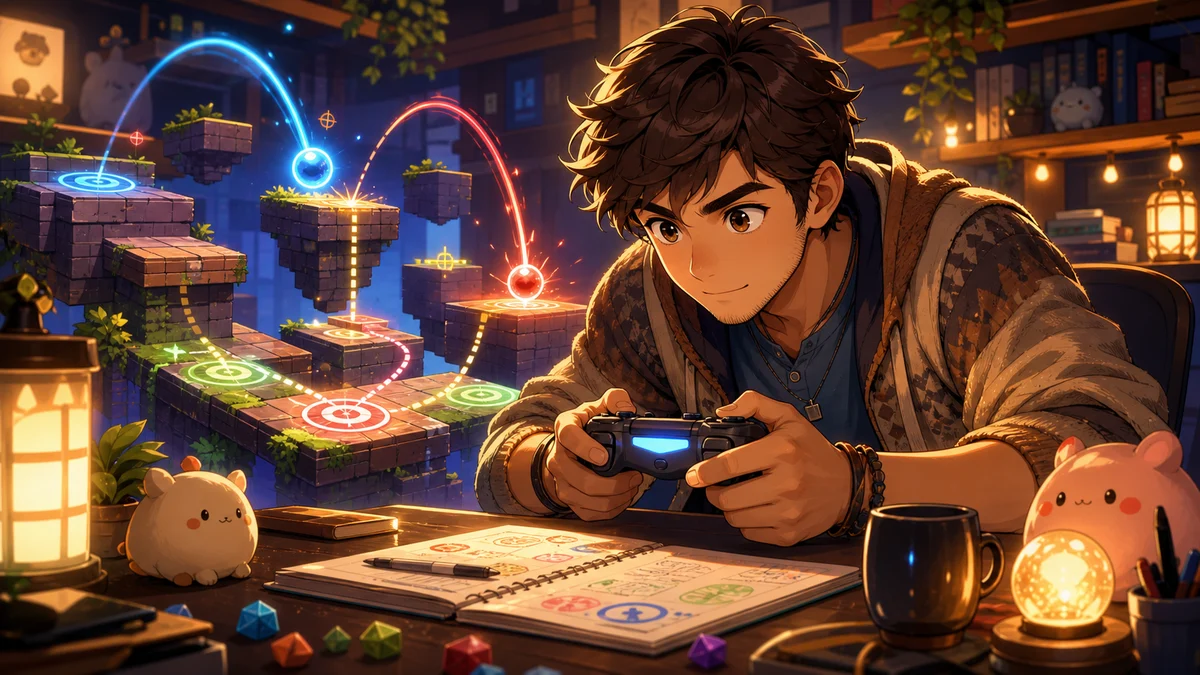 明るいゲーム部屋で足場の位置を確かめる男性キャラクターのイメージ