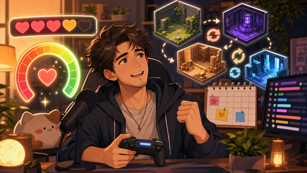連続する小部屋と体力ゲージを見ながら集中する男性キャラクターのイメージ