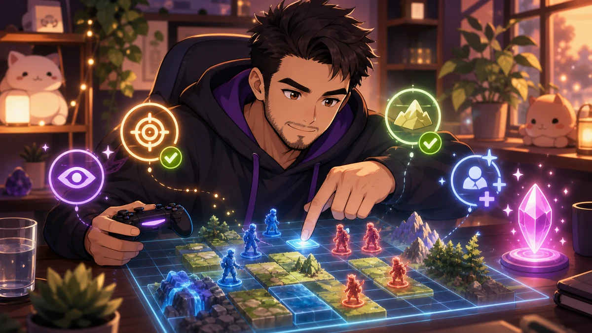 抽象的な戦術盤に命中率や支援アイコンが光り、ゲームパッド横に水のグラスが置かれたイメージ
