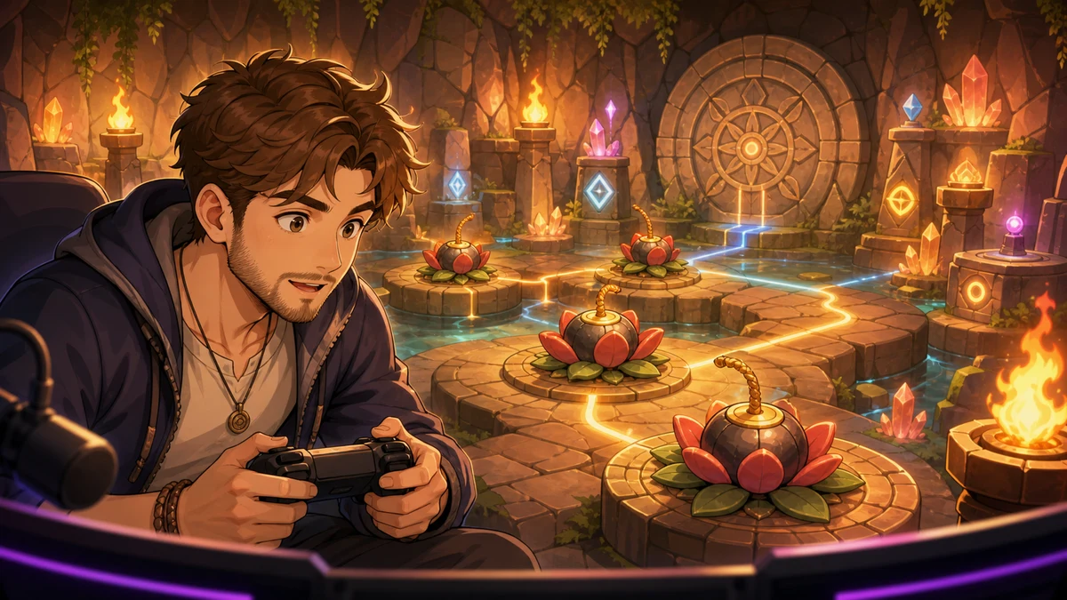 明るい炎の洞窟で、足元の仕掛けと丸い石扉を観察する男性キャラクターのイメージ