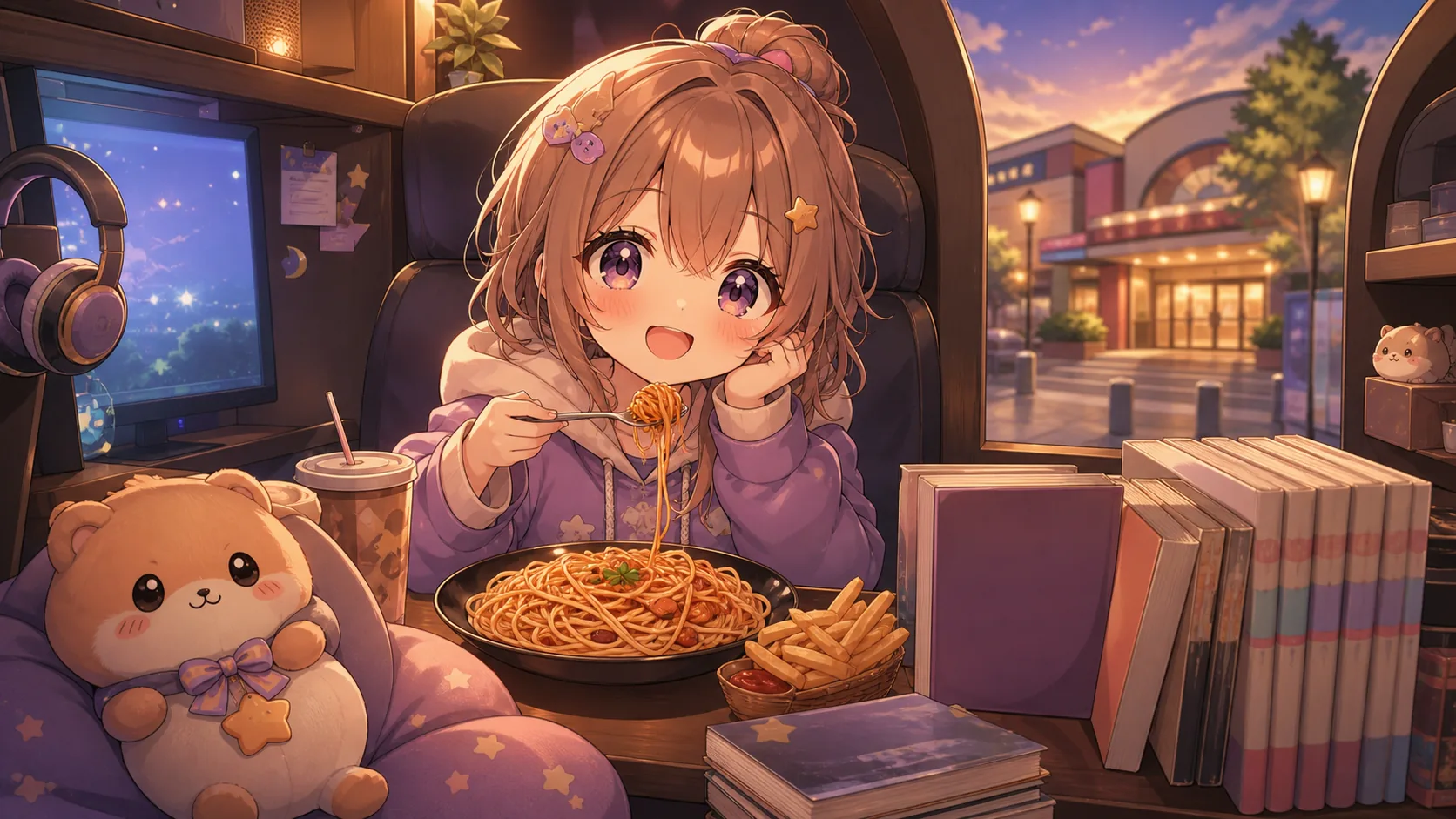 ネットカフェの軽食と地方の映画館の記憶を並べるオリジナルキャラクターのイメージ