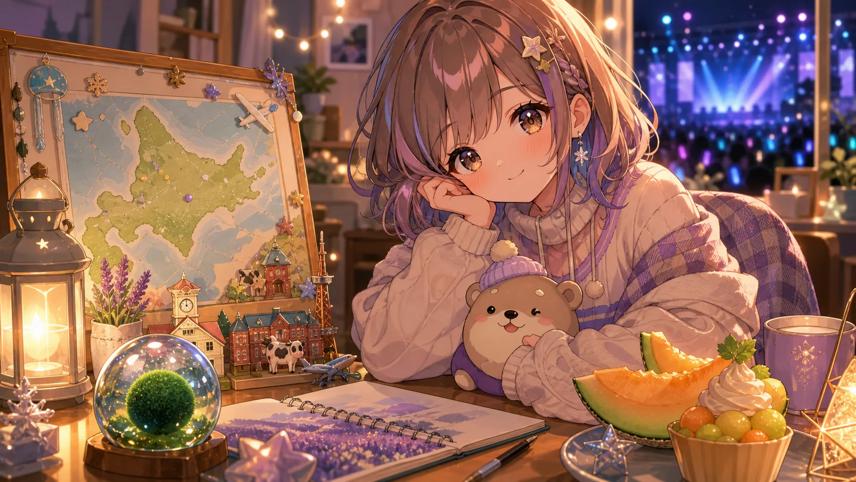 北海道旅行の思い出とライブ感想をやさしく振り返るオリジナルキャラクターのイメージ