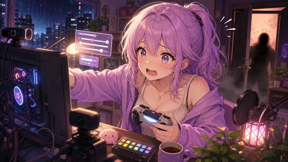 配信環境を整えながらホラーへ入るオリジナルイラスト