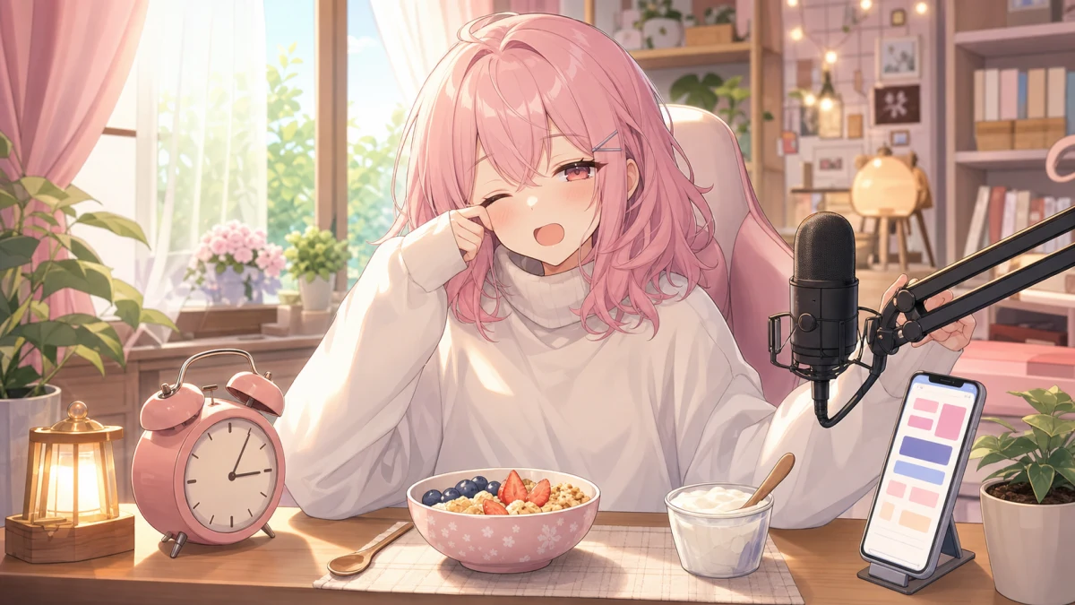 朝の配信机でアラームとマイクを確認する女性キャラクターのイメージ