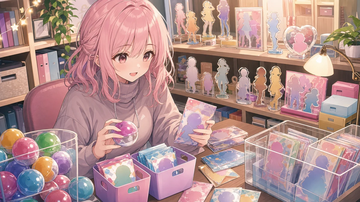 グッズ棚とカプセルトイを前にランダム商品の整理をする女性キャラクターのイメージ
