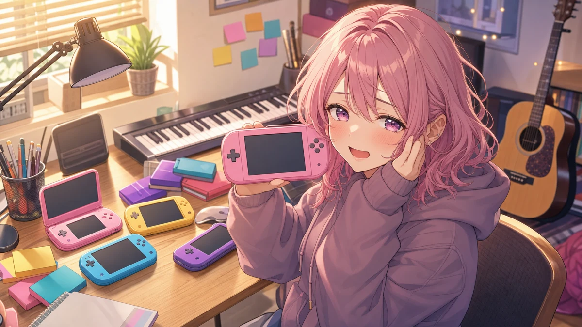 懐かしいゲーム機とアニメのディスクを囲んで思い出を話す女性キャラクターのイメージ