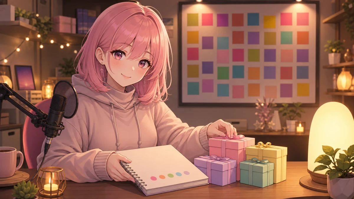 配信終盤にノートとカレンダーで会員向け更新を整理する女性キャラクターのイメージ
