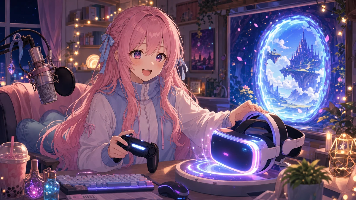 配信机の前で光るヘッドセットとゲーム画面に向き合う女性キャラクター