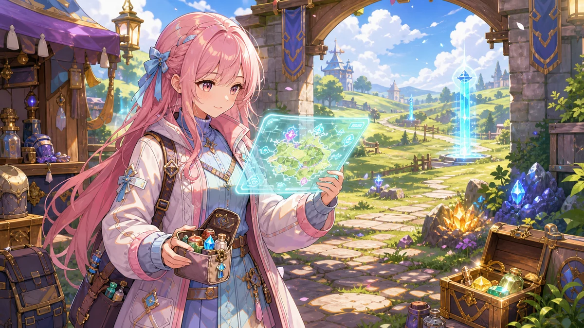 明るいファンタジーの街道で地図と装備を確認する女性キャラクター