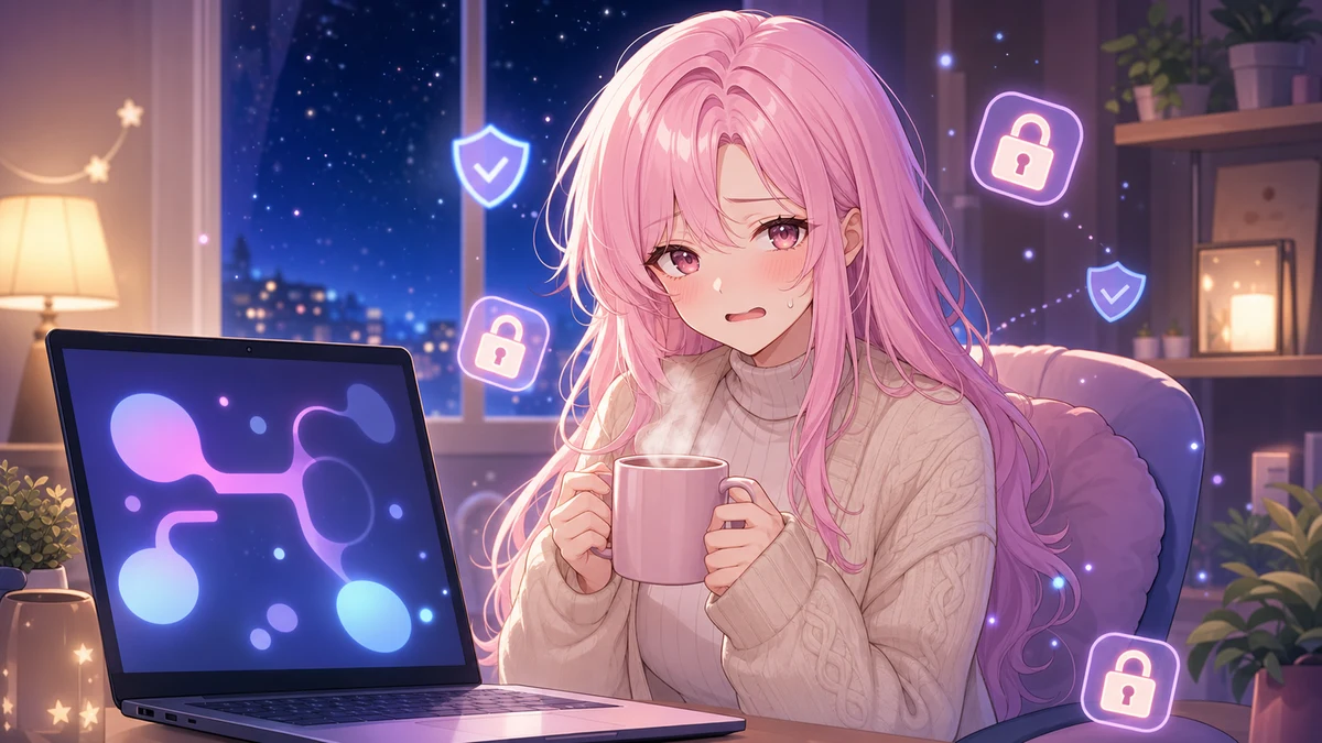 夜更かしの部屋でパソコン画面の抽象UIと星空を見て不安そうにする人物のイラスト