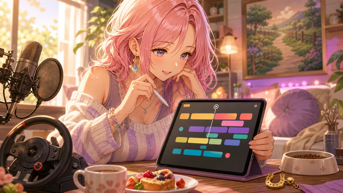 朝の配信机で抽象的な話題の流れを確認する女性キャラクターのイメージ