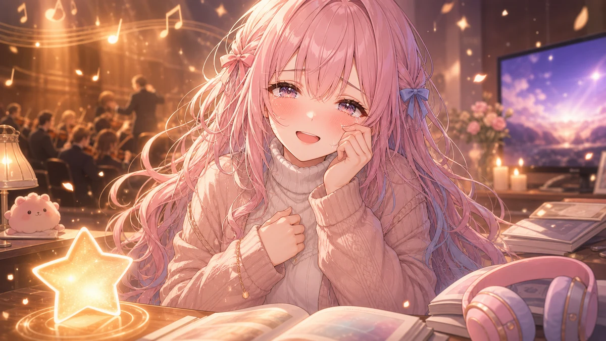 オーケストラ会場の余韻とゲームのセーブポイントを抽象的に眺める女性キャラクターのイメージ